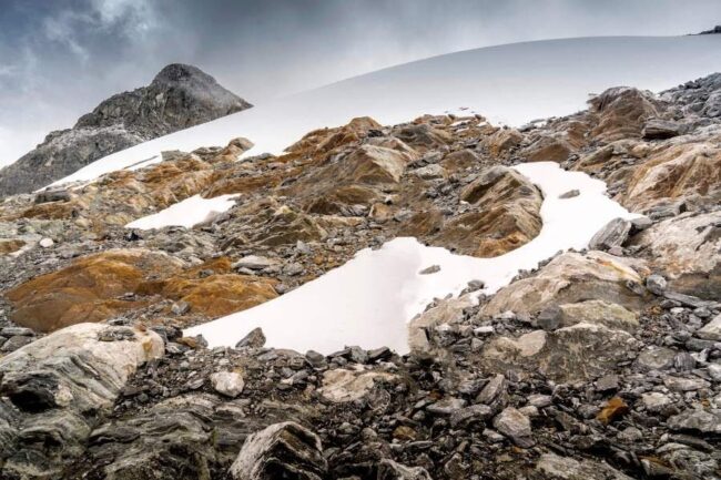 View of the Humboldt Glacier partially covered with snow, at the National Park Sierra Nevada of Merida, Merida State, in the Andes Mountains in Venezuela