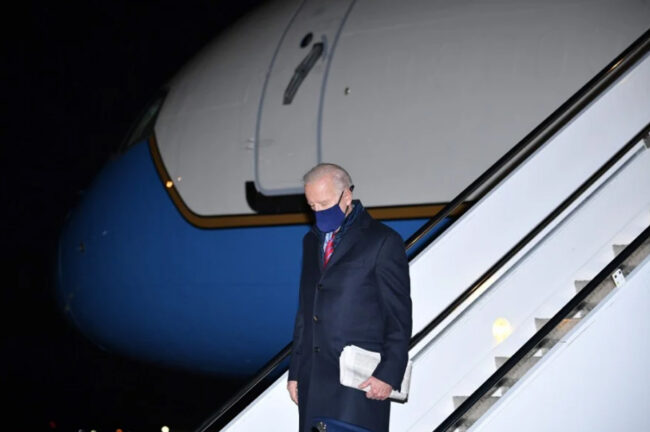 US President Joe Biden steps off Air Force One upon arrival at New Castle Airport in New Castle, Delaware. - AFP pic